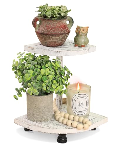Tikea 2-Tier Wood Riser for Decor, Farmhouse Bathroom Corner Counter Shelf | Display Riser for Kitchen Bathroom Counter Decor, Small Corner Shelf for Trinkets, Soap, Plants and more, Fan-Shaped White
