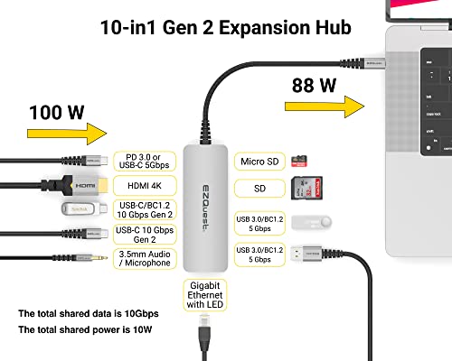 USB-C Hub Docking Station 10 in 1 with 4K HDMI 60Hz, 1 GBS Ethernet, 2 USB C Gen 2 10Gbs, 1 PD 3.0, 2 USB-A 3.0, Audio Ports, SD/Micro SD, Compatible with USB Type C/Thunderbolt Computers - style: 10 in 1 - Gen 2