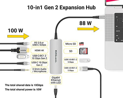 USB-C Hub Docking Station 10 in 1 with 4K HDMI 60Hz, 1 GBS Ethernet, 2 USB C Gen 2 10Gbs, 1 PD 3.0, 2 USB-A 3.0, Audio Ports, SD/Micro SD, Compatible with USB Type C/Thunderbolt Computers - style: 10 in 1 - Gen 2