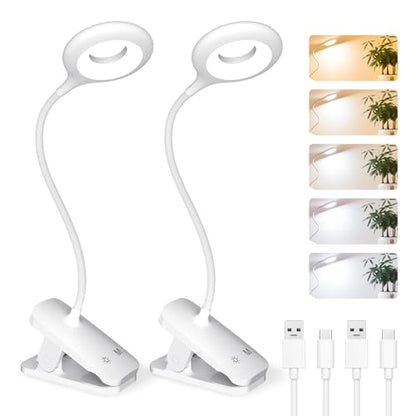 CUHIOY 2Pack Rechargeable Clip on Reading Light for Bed Headboard, White | 5 Colors 5 Brightness Bed Light, Battery Flexible Arm Table Lamp with Clamp, Flicker-Free LED Book Light at Night, Crafting - style: 2Pack White