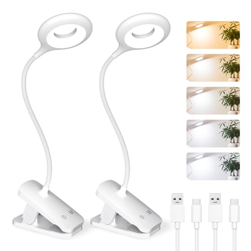 CUHIOY 2Pack Rechargeable Clip on Reading Light for Bed Headboard, White | 5 Colors 5 Brightness Bed Light, Battery Flexible Arm Table Lamp with Clamp, Flicker-Free LED Book Light at Night, Crafting - style: 2Pack White