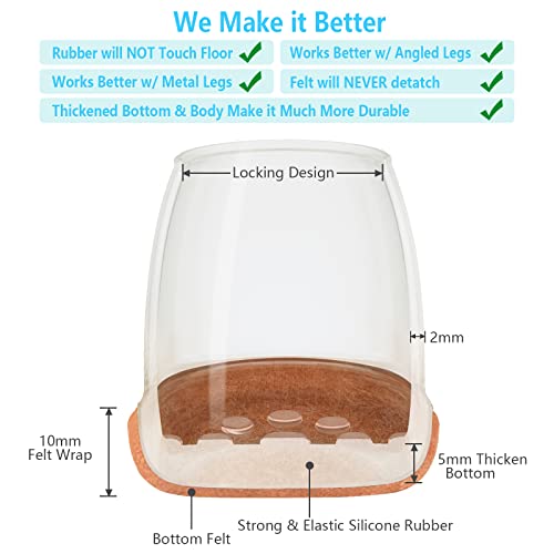 16 Pack Chair Leg Floor Protectors for Hardwood Floors, Round Rubber Furniture Sliders, 360°Felt Pad Bottom Wrapped Thickening Silicone Furniture Legs Caps Covers(Round,Clear-Brown-XL) - size: Transparent-XL
