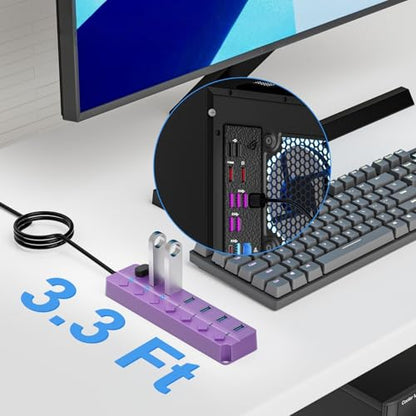 USB Hub 7 Port, USB Splitter with Individual On/Off Switches and Lights - color: Purple