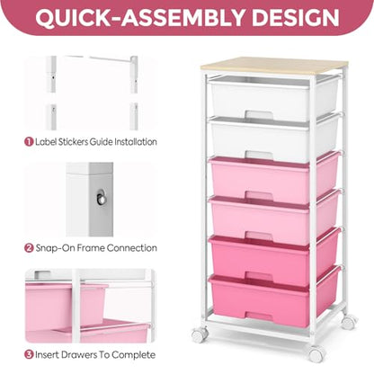 6 Drawer Rolling Storage Cart with Wooden Top and Wheels for Crafts, Pink - color: Pink