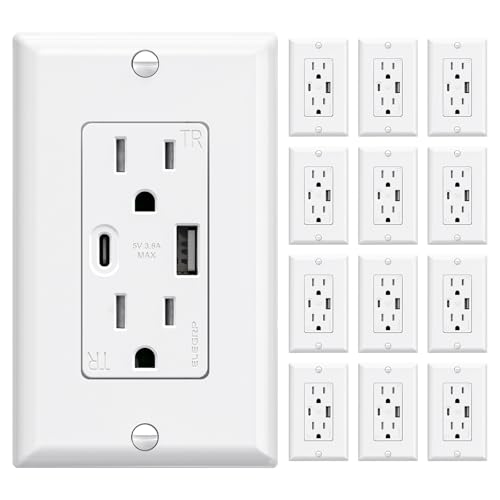 ELEGRP Wall Outlets 12 Pack, 15 Amp C Wall Outlets Receptacles, Outlets with A and C Ports, Tamper Resistant Receptacle, Wall Plate Included, UL Listed, White - color: White, size: 15 Amp Outlet