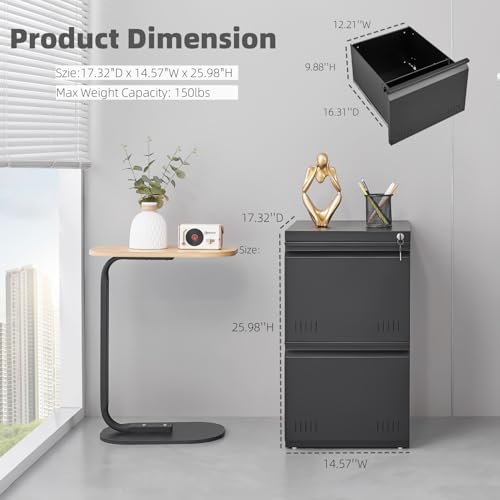 Guizeeopo 2 Drawer File Cabinet with Lock, Vertical File Cabinets for Home Office, Printer Stand, Heavy Duty Steel Office Storage Cabinet for Letter/Legal/A4, Assembly Required(Black) - color: 13-g Black