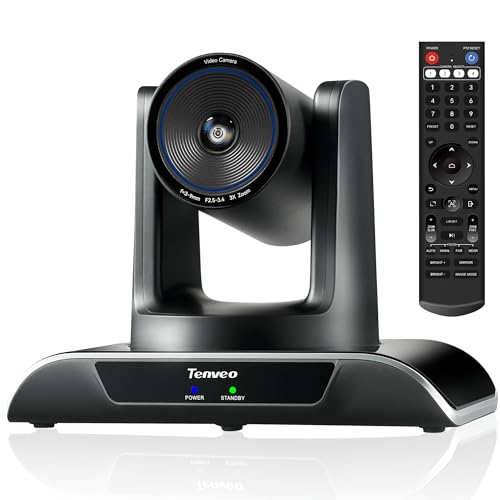 Tenveo AI Auto-Tracking PTZ Camera 3X Optical + 4X Digital Zoom, USB3.0/HDMI/RS232, 93° Wide-Angle for Video Conferencing, Business Meetings, Live Streaming, Church, Worship, Zoom, Teams, OBS - color: Obsidian
