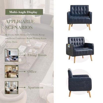 Leather Accent Chair Set of 2, Living Room Chair with Wooden Legs (Blue) | CHYMSUN, Mid-Century Modern, Tufted Backrest, Side Pocket, Cozy, Comfy Armchair, Office, Living Room, Waiting Room - color: Blue, size: 2