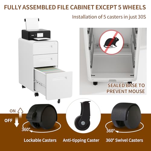 3 Drawer Slim Narrow Mobile File Cabinet with Lock and 4 Keys | Metal Filing Cabinet for Home Office, Under Desk, Pre-Assembly, File Drawer, Letter/Legal/A4 Hanging File Folders - color: White, size: 23.4"H*12.6"W-3 Drawers