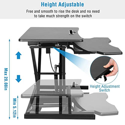 Adjustable Height Standing Desk Converter Workstation, Sit Stand Dual Monitor, Desktop Computer & Laptop Desk Riser With Keyboard Tray & Phone/Tablet Slot, 32’’ Wide & Supports Up To 44LBS