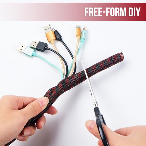 Cable Sleeve Self-Wrapping Wire Loom, Black Red,3/8 Inch x 50FT - color: Black red, size: 3/8"-50ft