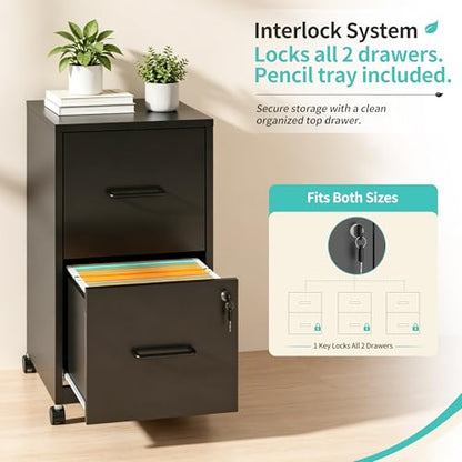 SAWJEC 2 Drawer Metal File Cabinet with Lock, Black Mobile Filing Cabinet | 17.7"D x 15"W x 26.8"H, Black Mobile Locking File Cabinet, Assembly Required, Fits Letter Hanging Files - color: Black, size: 17.7"D x 15"W x 26.8"H
