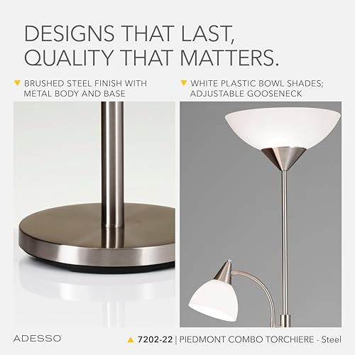 Adesso Floor Lamp, Brushed Steel, Dual-Socket, Adjustable Reading Light 71” - color: Brushed Steel
