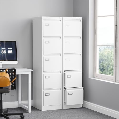 BYNSOE 5 Drawer File Cabinet with Lock Metal Vertical File Cabinet Office Home Vertical File Cabinet for A4 Legal/Letter Size Narrow File Cabinet Locked,Assembly Required - color: White, size: 64.3"H x 17.71"D x 15"W