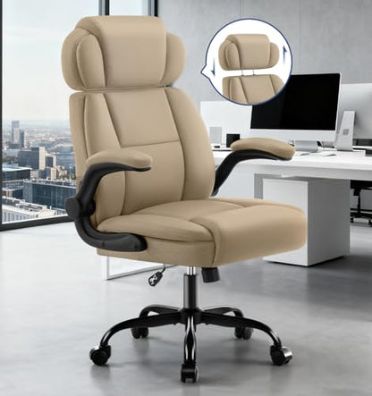 Ergonomic Office Chair with Lumbar Support, 400lbs Heavy Duty Big and Tall Executive Desk Chair, PU Leather High Back Computer Chair with Flip-Up Arms & Adjustable Headrest, Khaki - color: Khaki, size: Adjustable Headrest Office Chair