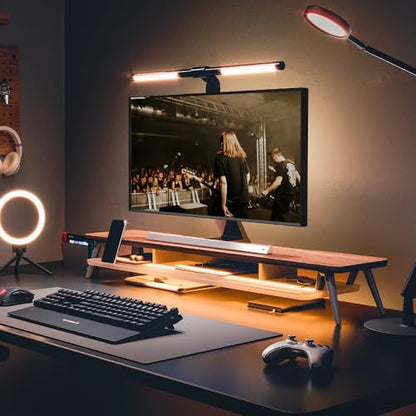 Fenge Dual Monitor Stand with 8-Mode LED Lights and Frosted Shelf, Brown | Sturdy Aluminum Legs, Built-In Phone & Tablet Slot, 2-Tier Storage, 42.5-Inch Desk Shelf for Gaming, Home Office & Streaming - color: Brown