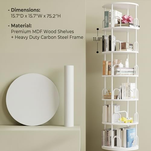 6 Tier Rotating Bookshelf Tower, Standing Tall Corner Wood, White Metal Modern Book Shelf Organizer Retro Vintage Rustic Modern Large Bookshelf Book Display Furniture for Your Home, Office, Kids - color: White, size: 6 Tiers