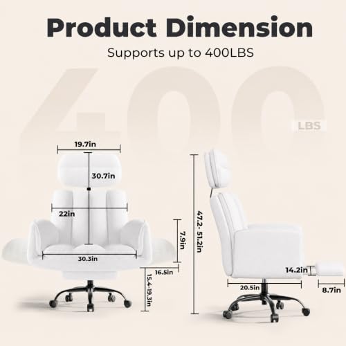 Big and Tall Office Chair, Flip Armrests for Pets & Cross Legged Sitting | Executive Ergonomic Computer Gaming Chair with Foot Rest, Teddy Fleece Wide Seat Reclining Desk Chair, White Vanity Chair - color: Ivory