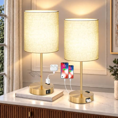 Lynnoland Set of 2 Touch Control Table Lamps, 3-Way Dimmable Bedside Nightstand Lamps for Bedroom Living Room Nursery, 800 Lumens 3000K Warmlight Bulbs Included, Coarse Linen - color: Natural Beige & Brushed Gold