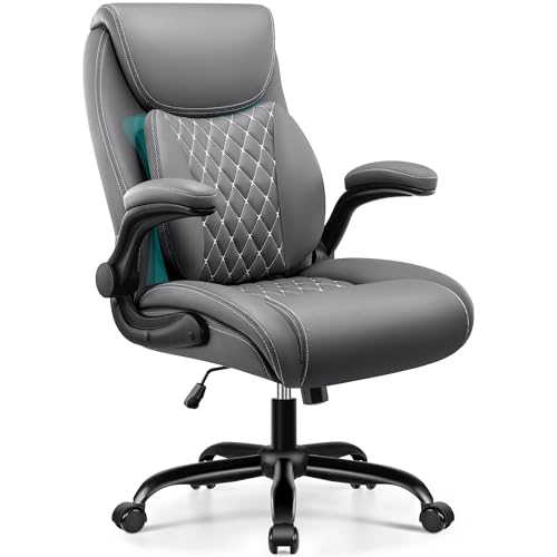 BESTFAIR Office Chair, Executive Computer Desk Chair with Lumbar Support for Lower Back Pain Relief, Ergonomic Leather Home Chair Comfy with Padded Flip-up Arms and Adjustable Armrests, Gray - color: Grey, size: 1 Pack