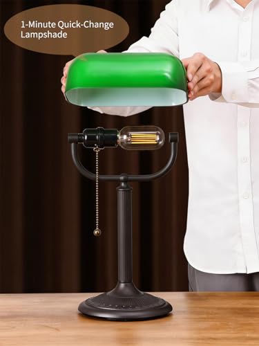 1-Minute Quick-Change Shade Antique Green Glass Bankers Desk Lamp | Study Office Library,LED Bulb Included - color: Green-AG