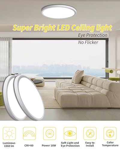 6pack 9 Inch Flush Mount Ceiling Light, 18w Led Ceiling Light, 3000k/4000k/6000k Selectable 1860lm Ceiling Light, Super Slim Led Light Fixture For Bedroom Kitchen Living Dining Room Office - color: White, size: 9Inch-6Pack
