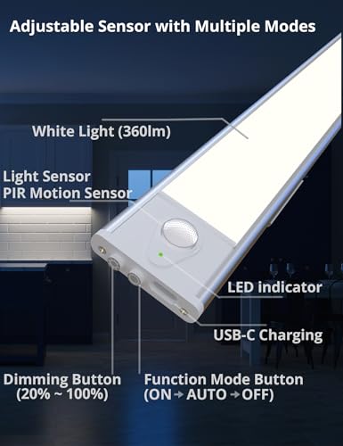 23.6in Under Cabinet Lighting, 101-LED, Dimmable, Rechargeable 4400mAh Battery, Indoor Wireless Motion Sensor Closet Light for Kitchen, Counter, Wardrobe (Silver)