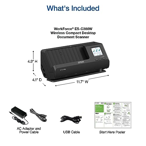 Epson Workforce ES-C380W Wireless Compact Desktop Document Scanner with 2-Sided Scanning and Auto Document Feeder (ADF) for PC and Mac