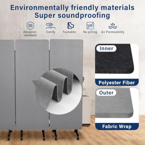 3-Panel Portable Office Partition,Mobile Acoustic Wall Divider with Wheels - color: Light Gray, size: 3 Panel-72"Wide