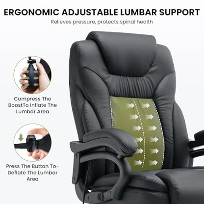 650lbs Big and Tall Office Chair for Heavy People,Ergonomic High Back PU Leather Computer Chair with Adjustable Lumbar Support,Comfy Executive Office Desk Chair with Wide Seat,Silent Wheels,Black
