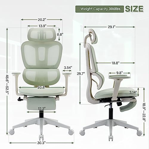 Ergonomic Mesh Office Chair with Retractable Footrest - High Back Computer Chair, Lumbar Support, Adjustable Armrest and Headrest, Durable Base - Multifunctional Home Office Desk Chair for Adults - color: Green