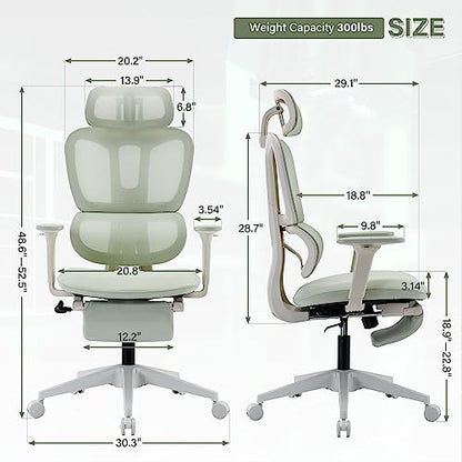 Ergonomic Mesh Office Chair with Retractable Footrest - High Back Computer Chair, Lumbar Support, Adjustable Armrest and Headrest, Durable Base - Multifunctional Home Office Desk Chair for Adults - color: Green
