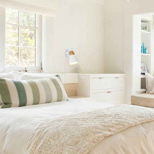 Modern Plug-in Wall Sconces, Matte White | Adjustable Reading Light, Natural Wood Accent, For Bedroom, Living Room, Home Office - color: Matte White+Wood Accent
