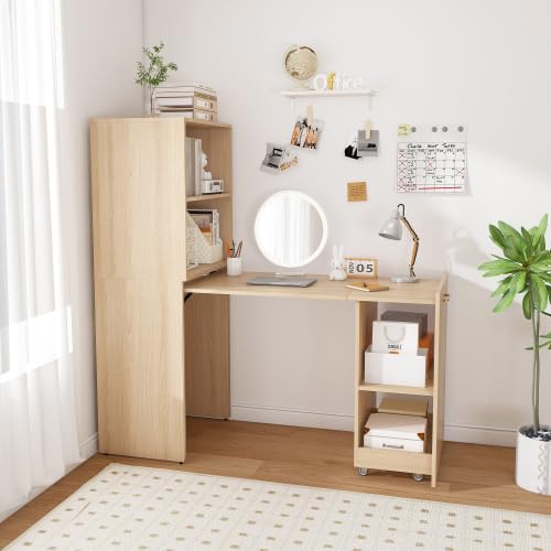 Light Wood Folding Desks with Storage Shelves for Small Spaces(Natural) | Foldable Murphy Desk with Bookcase, Space Saving Compact Computer Table, Pull Out Writing Table for Apartment - color: Natural Wood