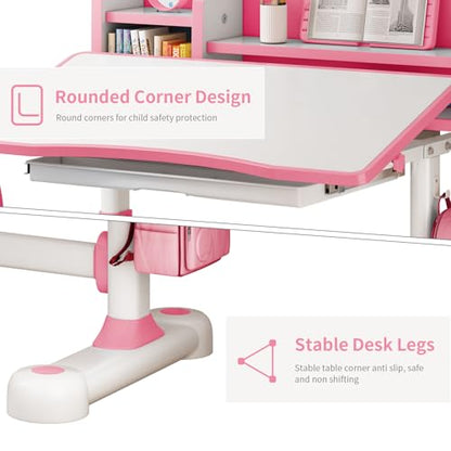 Kids Study Desk and Chair Set 3-12, Adjustable Children School Desk-10PINK | Height Adjustable | 50° Tilt Desktop | Book Stand & Metal Hook & Storage Drawer | Writing Drawing Table for Boys and Girls - color: 100-pink-27.5in