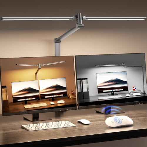 Airlonv LED Desk Lamp, Double Swing Arm Wide Lighting Area Desk Lamps for Home Office with Stepless Dimming, Eye-Caring Architect Desk Light with Clamp for Reading, Study, Workbench, (Grey) - color: Gray, size: Large