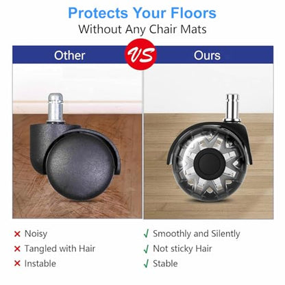 Office Chair Wheels Dual Rubber 2'' (Set of 5) Heavy-Duty Chair Wheels Support 2200lbs, Mute Rubber Chair Casters for Hardwood Floors and Carpet, Universal Fit 7/16 x 7/8 Inch (Black)