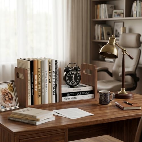 100% Solid Wood Adjustable Desktop Bookshelf With Movable Divider, Retro Tabletop Bookshelf With Convenient Handle Design for Living Room, Home, Office, Perfect for Magazines, Books, Files (Brown) - color: Brown
