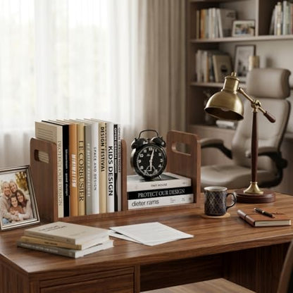 100% Solid Wood Adjustable Desktop Bookshelf With Movable Divider, Retro Tabletop Bookshelf With Convenient Handle Design for Living Room, Home, Office, Perfect for Magazines, Books, Files (Brown) - color: Brown