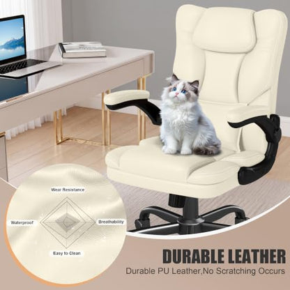 Executive Office Chair Flip Up Arms Lumbar Support Home Office Desk Chair - color: Cream