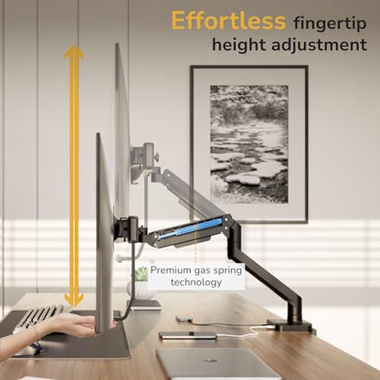 Mount-It! Dual Monitor Mount with Crossbar, Gas Spring Desk Mount for 2 Monitors 17–32", Holds 19.8 lbs Each, Full Motion Tilt Swivel Rotate, VESA 75x75 100x100, USB 3.0 & USB-C, Clamp or Grommet