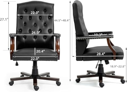 Tufted Office Chair, Faux Leather Executive Desk Chair w/High Back & Nail Head Trim,Ergonomic Wingback PC Chair for Home Living Room (Black) - color: Black