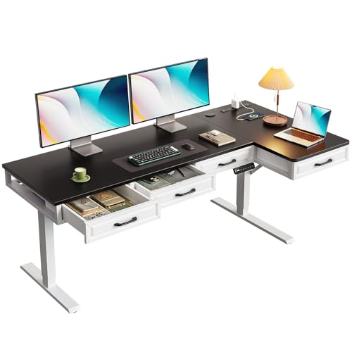 63 Inch L Shaped Standing Desk with 4 Wooden Drawers, White+Black | Reversible Corner Table, Office Table With 4 Wooden Drawers and Outlets For Home Office, Computer Workstation, Sit Stand Use - color: White+black, size: 63 Inch