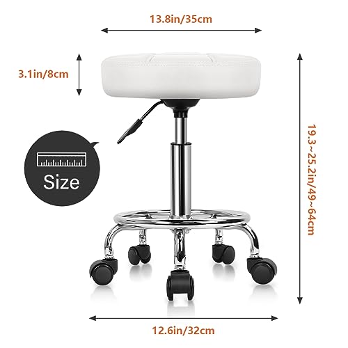 KKTONER Round Rolling Stool Chair PU Leather Height Adjustable Swivel Drafting Work SPA Shop Medical Salon Stools with Wheels Office Chair Small (White) - color: White