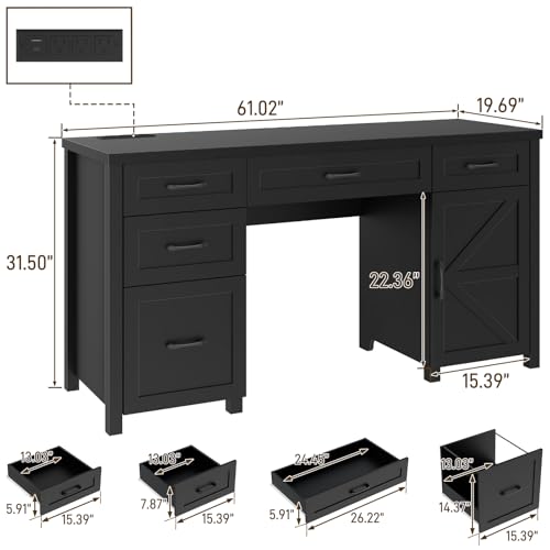 Halitaa Farmhouse 61'' Executive Desk with 5 Drawers,Pure Black | Rustic Office Desk with Charging Station, File Drawers and Storage Cabinet, Wood Workstation for Study and Home Office - color: Pure Black, size: 61''W with 5 Drawers