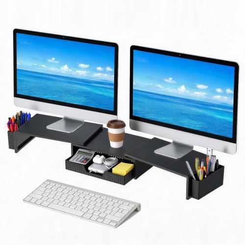 LEKETREE Dual Monitor Stand Riser with Drawer, Desk Organizer and Accessories, Monitor Stand for Desk, Desktop Stand for Computer, Laptop, TV and More (Black) - color: Black