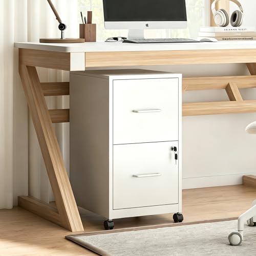 SAWJEC 2 Drawer Metal File Cabinet with Lock, White Mobile Filing Cabinet | 17.7"D x 15"W x 26.8"H, White Mobile Locking File Cabinet, Assembly Required, Fits Letter Hanging Files - color: White, size: 17.7"D x 15"W x 26.8"H