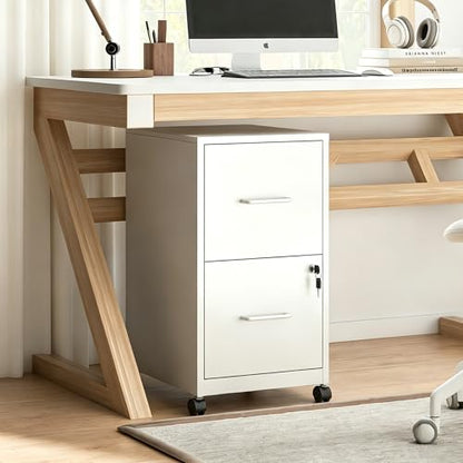 SAWJEC 2 Drawer Metal File Cabinet with Lock, White Mobile Filing Cabinet | 17.7"D x 15"W x 26.8"H, White Mobile Locking File Cabinet, Assembly Required, Fits Letter Hanging Files - color: White, size: 17.7"D x 15"W x 26.8"H