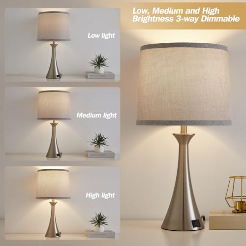 Touch Table Lamps Set of 2, 21" Bedside Lamps with USB C+A, Silver | 3 Way Dimmable Nightstand Lamps with Linen Shades, 2 LED Bulbs Included, Touch Lamp for Living Room, Bedroom and End Tables - color: Silver 2pcs