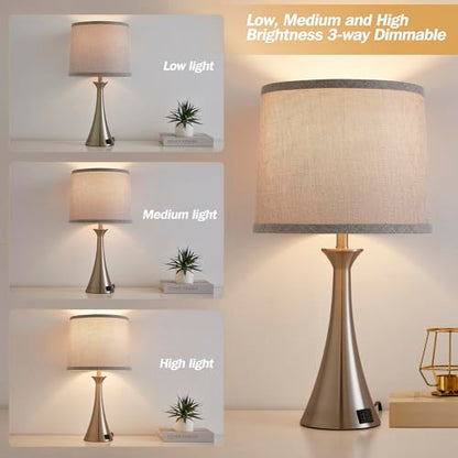 Touch Table Lamps Set of 2, 21" Bedside Lamps with USB C+A, Silver | 3 Way Dimmable Nightstand Lamps with Linen Shades, 2 LED Bulbs Included, Touch Lamp for Living Room, Bedroom and End Tables - color: Silver 2pcs
